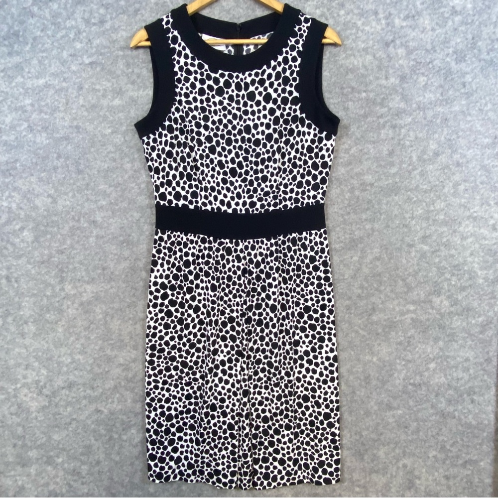 Talbots Sheath Dress Sz 8 Black White Animal Print Below Knee Sleeveless Stretch